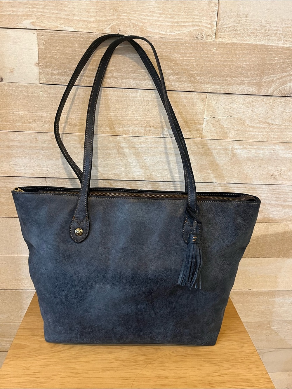 Patricia Nash Viotti Navy Blue Leather Tote with Zip Pocket-XL